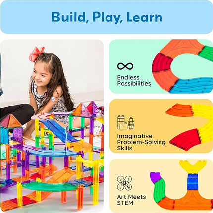 PicassoTiles 12pcs Race Track Add-On Magnetic Railway 5Styles Building Block Set Magnet Tiles Construction Toy STEM Learning Early Education Toys Blocks Child Brain Development for Kids Age 3+ PTR12