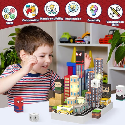150 PCS Magnetic Blocks Building Toys Set, Spider Toys Light Up Magnetic Building Blocks for Boys Girls Ages 3+, 1 Inch Magnet Cubes STEM Sensory Construction Toy City Themes