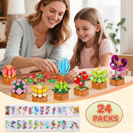 24 Pack Flowers Succulents Building Set - 2160PCS Botanical Collection 3.6MM Mini Flower Kit for Home Office Décor Plant Blocks Toy, Christmas Party Favors Gifts for Adults Women Kids 10+