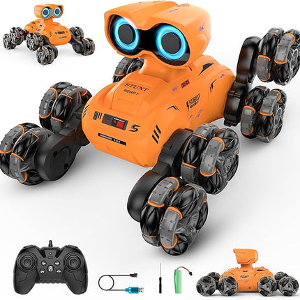 Robot Toy, 8 Wheels Stunt Robot Toys with 2.4Ghz, Auto-Demonstration, 360° Rotation, LED Eyes，Easy Kid-Friendly Controls for Indoor/Outdoor Play, Gifts and Toys for Kids Aged 8-13, Orange