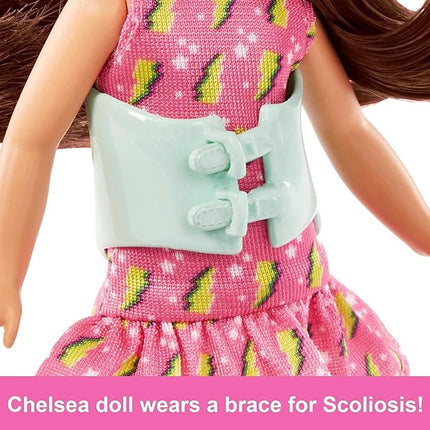 Barbie Chelsea Doll, Small Doll with Brace for Scoliosis Spine Curvature, Brunette Wearing Pink Lightning Bolt Dress