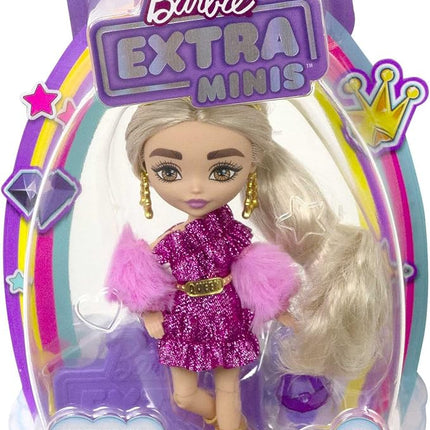 Barbie Extra Minis Doll & Accessories with Blonde Hair Wearing Shimmery Dress & Furry Shrug, 5.5-inch