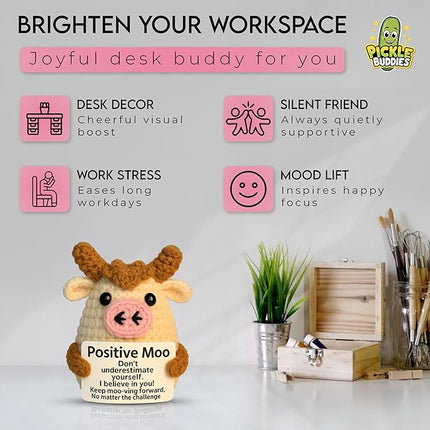 Positve Moo - Emotional Support Crochet Dolls Positive Crochet Animals Gifts Emotional Support Plush for Anxiety & Stress Relief Crochet Positive Cow Desk Decor