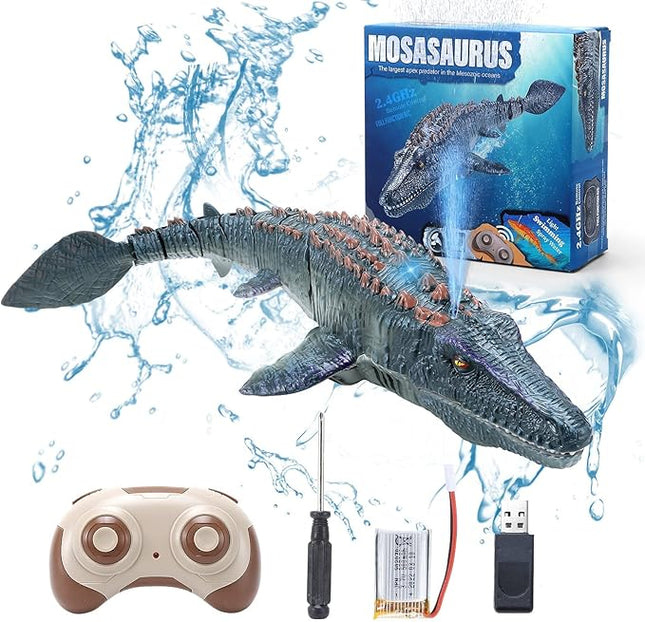 Remote Control Dinosaur Toys for Kids 3 4 5 6 7, Mosasaurus Diving Toys RC Boat with Light and Spray Water for Swimming Pool Lake Bathroom Ocean Protector Bath Toys