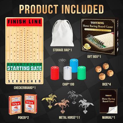 Large 21 Inches Horse Race Board Game, Horse Racing Games with Cards and Dice & 11 Luxury Metal Horses, Thickened Wood Chessboard, Classic Wooden Table Top Board Games for Adults and Family