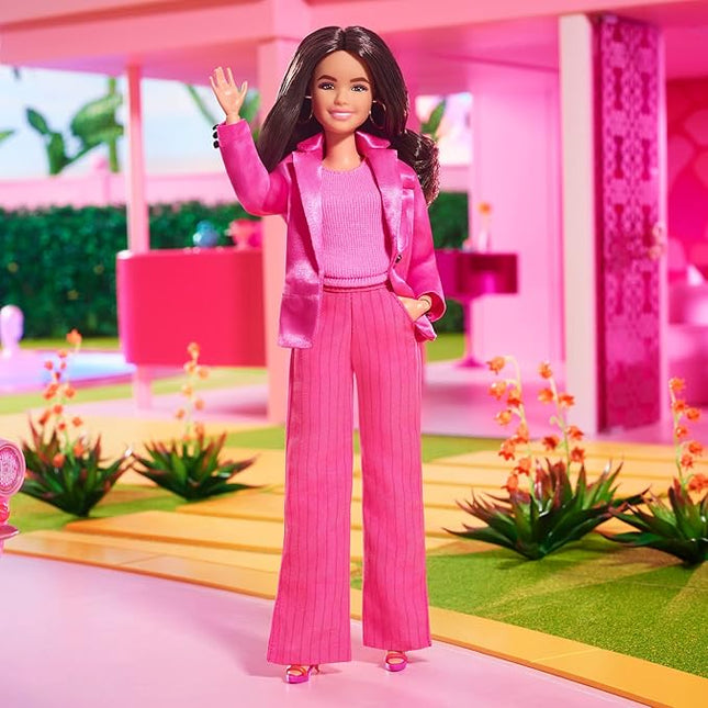 Barbie The Movie Doll, Gloria Collectible Wearing Three-Piece Pink Power Pantsuit with Strappy Heels & Golden Earrings