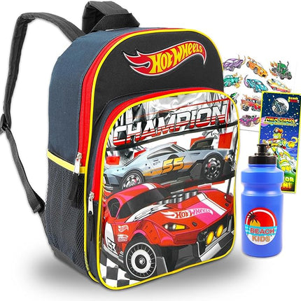 Hot Wheels Backpack Set - Bundle with Deluxe 16" Race Car Backpack Plus Temporary Tattoos, Water Bottle, More | Hot Wheels Backpack for Boys, Kids