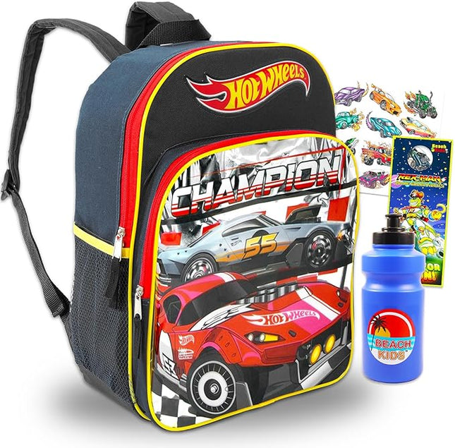 Hot Wheels Backpack Set - Bundle with Deluxe 16" Race Car Backpack Plus Temporary Tattoos, Water Bottle, More | Hot Wheels Backpack for Boys, Kids