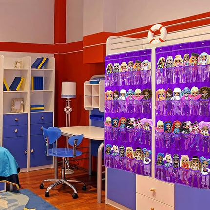 Hanging Over Door Toy Storage Organizer with 24 Clear View Pockets, Ideal for Lol Omg Dolls Barbie Dolls Surprise Doll, Cars and More Collectibles‘s Storage, Best Gift for Girls (Purple)