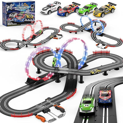 3 IN 1 Slot Car Race Track Sets with 4 High Speed Slot Cars, Electric Race Car Track Include Circular Overpass Flash Tracks, 1:43 Remote Control Track Car Game Toys Gifts for Adults Boys Ages 6 7 8-12
