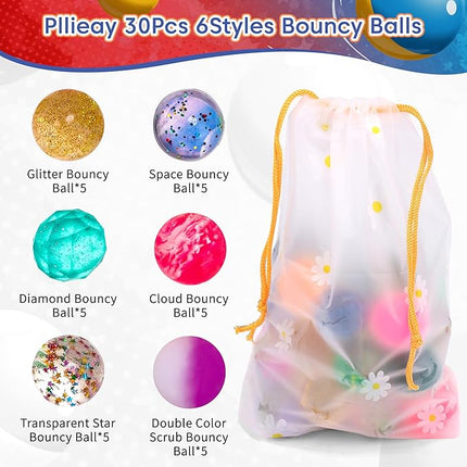 Pllieay 30 Pieces Bouncy Balls for Kids, 32mm Bouncy Ball Bulk Assorted Rubber Balls with Storage Bag for Party Favors, Birthday Gift and Class Prizes (6 Styles)
