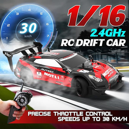Remote Control Car RC Drift Car 1:16 Scale 4WD RC Vehicle with LED Lights 2.4GHz 30km/h RTR High Speed Racing Sport Toy for Adults Boys Girls Kids Gift 2Pcs Rechargeable Battery