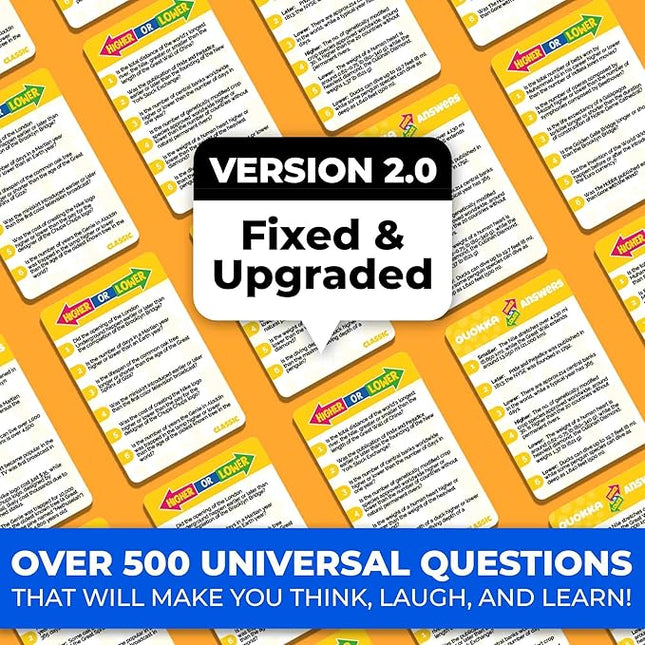 QUOKKA Trivia Board Games for Kids and Adults - Version V2.0 - Family Night Board Game 4xSet Higher or Lower Trivia Cards | Guess Fun Questions | 2 + Players - Challenge Your General Knowledge