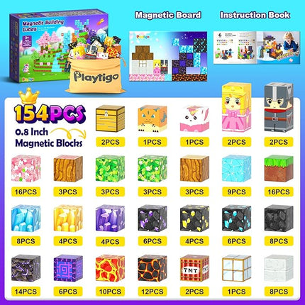 154PCS Magnetic Blocks - Build Mine Magnet World Stacking Cube Toys with Magnet Board, Magnetic Tiles Building Blocks STEM Construction Toys, Sensory Games for Kids Age 3+ Boys Girls Birthday Gift