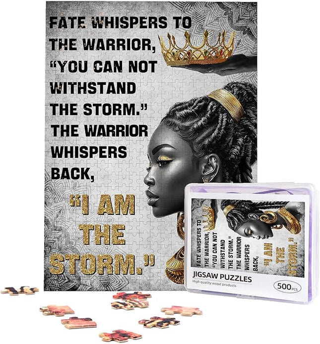 African American Jigsaw Puzzles 500 Pieces for Adults, I Am The Storm Crowned Queen Art, Black Woman Wooden Puzzle for Stress Relief, Challenging Brain Teaser & Home Decor