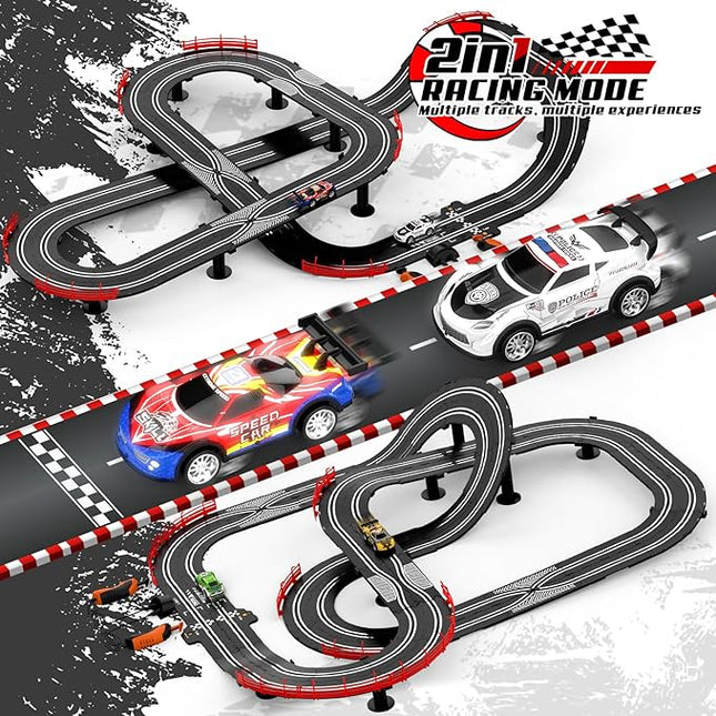 2 in 1 Slot Car Race Track Sets with 4 Slot Cars, 1:43 Electric Car Track for Boys, Dual Racing Game Lap Counter Circular Slope Track Sets, Birthday Gifts Toys for Boys Kids Ages 6 7 8 9 10 11 12