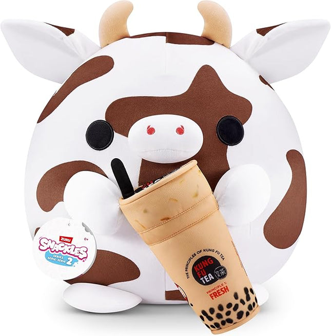 Snackles Series 2 8-inch by ZURU Cuddly Squishy Comfort 8-inch Plush with Licensed Snack Brand Accessory (Cow&Kung Fu Tea Bubble Tea)