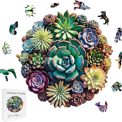 Wooden Puzzles, 151 Pieces Succulent Plants Jigsaw Puzzles, Unique Shaped Wooden Puzzle for Adults and Kids, Family Game(Succulent Plants, Large)