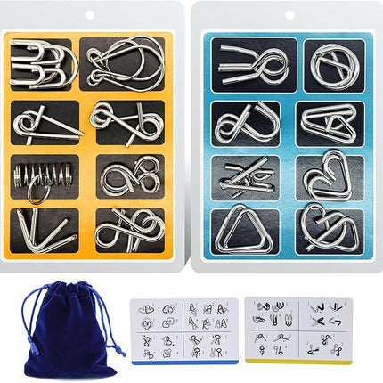 Metal Wire Puzzle 16-Piece Set with Pouch – IQ Test Brain Teaser Disentanglement Chinese Ring Fidget Toy for Kids & Adults – Portable Party Favor