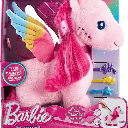 Mattel Barbie A Touch of Magic Stuffed Animals, Walk & Flutter Pegasus Plush Toy, 11-inch Walking Plushie with Hair Accessories & Sound Feature