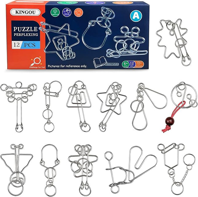 KINGOU Metal Wire Brain Puzzles Set 12 Pcs Brain Teaser Puzzle Toys for Kids, Teens & Adult, Interlock Magic Trick Toy for Gift Party Favor & Games - A