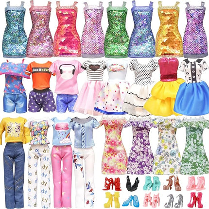 20 Pcs Doll Clothes and Accessories Handmade 3 Sequins Dresses 4 Fashion Dresses 3 Tops and Pants Casual Outfits 10 Shoes for 11.5 inch Girl Dolls in Random