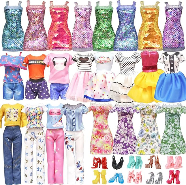 20 Pcs Doll Clothes and Accessories Handmade 3 Sequins Dresses 4 Fashion Dresses 3 Tops and Pants Casual Outfits 10 Shoes for 11.5 inch Girl Dolls in Random