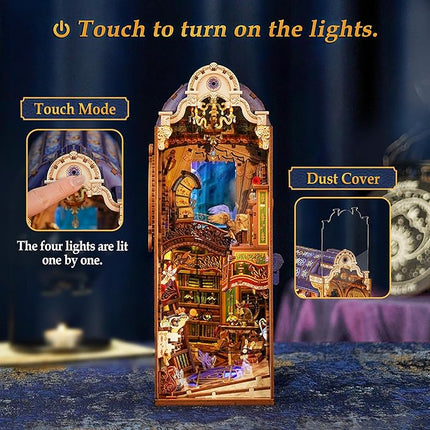 Tonecheer DIY Book Nook Kit for Adults, 3D Wooden Puzzle Bookend Miniature House Kit, Booknook Bookshelf Insert Decor with Dust Cover and LED Lights Gifts (Magical Library)