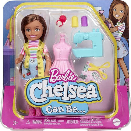 Barbie Chelsea Can Be Doll & Playset, Brunette Fashion Designer Small Doll with Removable Outfit & 8 Career Accessories