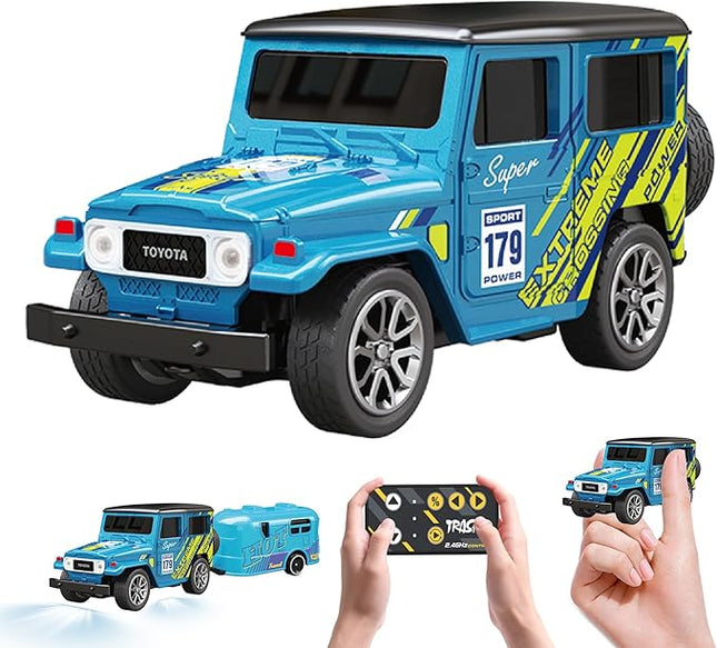 MOONTOY 1:64 Scale Mini Alloy Romote Control Car with LED Lights, 2.4Ghz Remote and App Control Toy Car, 3-Speed Adjustment Pocket Toy Car for Kids 4-8 Years and Adults (Blue)
