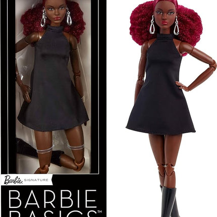 Barbie Basics Model 03 Collector Doll with Red Curly Hair, Black Mini Dress & Boots, Universal-fit Fashions, Posable Tall Body & Swappable Doll Head
