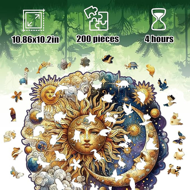 Wooden Puzzles for Adults, Sun and Moon Wood Puzzles 200 Pieces, Irregular Animal Shaped Unique Wooden Jigsaw Puzzles, Creative Ghristmas Gift for Teenagers and Adults