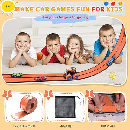 16Ft Flexible Race Track for Kids, Race Car Ramp Track Compatible with Hot Wheel and Diecast 1/64th Cars, Portable Roll Up Race Tracks with Strong Suction Cups - Orange