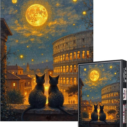 1000pcs Cat Stargazing Jigsaw Puzzle - Large Scratch-Resistant Paper Puzzles for Adults, Interactive Family Game Night Activity, DIY Brain Challenge, Looking-up Starry Sky Company Cats Puzzle