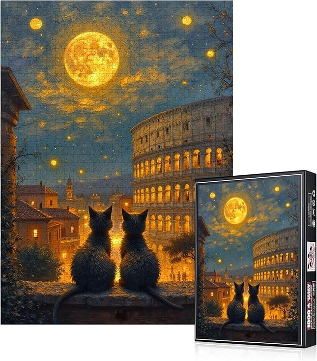 1000pcs Cat Stargazing Jigsaw Puzzle - Large Scratch-Resistant Paper Puzzles for Adults, Interactive Family Game Night Activity, DIY Brain Challenge, Looking-up Starry Sky Company Cats Puzzle