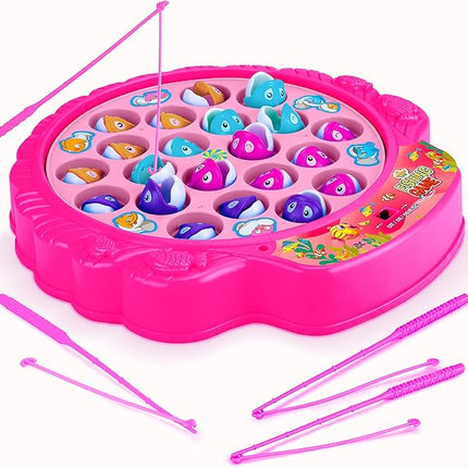 Fishing Game Play Set - 21 Fish, 4 Poles, & Rotating Board w/ On-Off Music - Family Children Backyard Pink Toy Games for Kids and Toddlers Age 3 4 5 6 7 Girls and Up