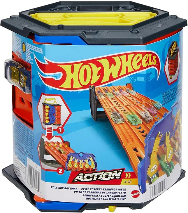 Hot Wheels Track Builder Action, Roll Out Raceway, Track Set with 5 Lane Racetrack and Toy Storage Bucket, Includes 1 Toy Car, Toys for Ages 4 to 10, One Pack, HGK41