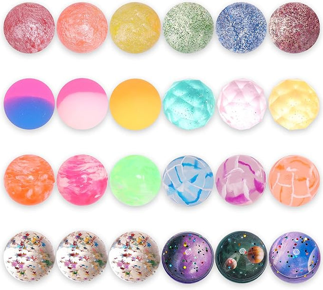 Pllieay 24 Pieces Bouncy Balls, 8 Styles Bouncy Balls for Kid, 32 mm High Bouncing Ball with Storage Bag ffor Kids Party Favors, Space Toys for Kids, Bag Filling