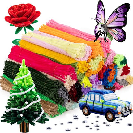 Caydo 1000Pieces Pipe Cleaners for Valentine's Day Decorations 40 Assorted Colored Chenille Stems with 100 Pieces Wiggle Eyes for Art and Crafts, Children’s Craft Supplies (6 mm x 12 inch)
