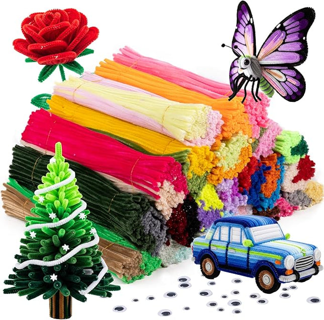 Caydo 1000Pieces Pipe Cleaners for Valentine's Day Decorations 40 Assorted Colored Chenille Stems with 100 Pieces Wiggle Eyes for Art and Crafts, Children’s Craft Supplies (6 mm x 12 inch)