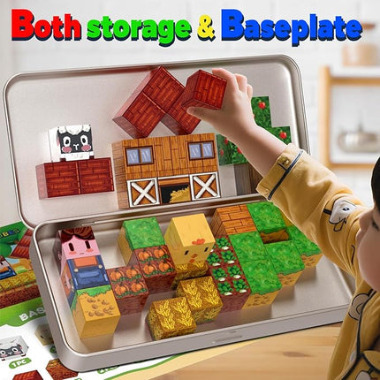 Farm Animal Magnetic Building Blocks Travel Toys, 35PCS Magnetic Cubes for Kids 3-8, Portable STEM Building Tiles with Metal Storage Box, Toddler Learning Toys for Ages 3-5，Fun Gifts, Classroom Prizes