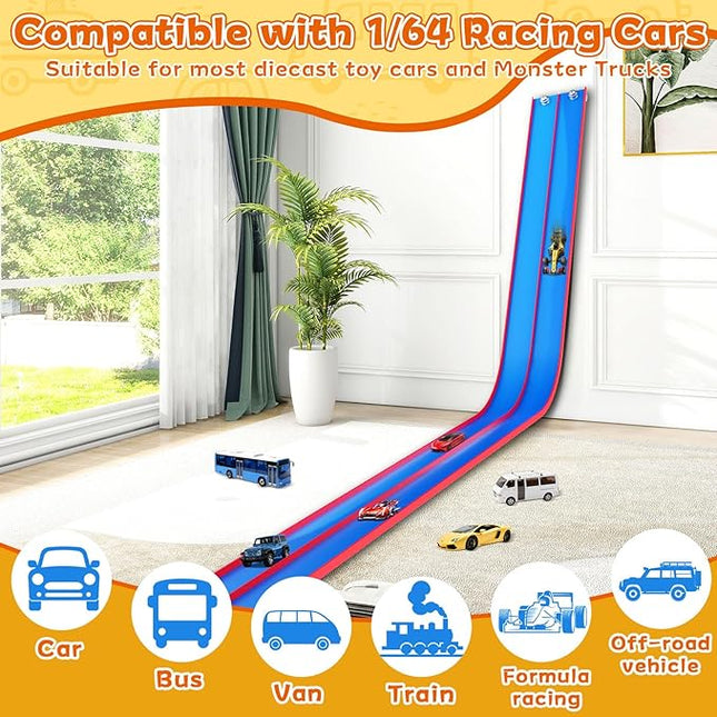 15 Ft Flexible Race Track for Kids – Portable Car Race Track Starter Set with Suction Cups, Rolls Up Easy, Compatible with 1/64 Diecast Cars, Birthday Gift for Boys & Girls Ages 3+ (Blue&Red)