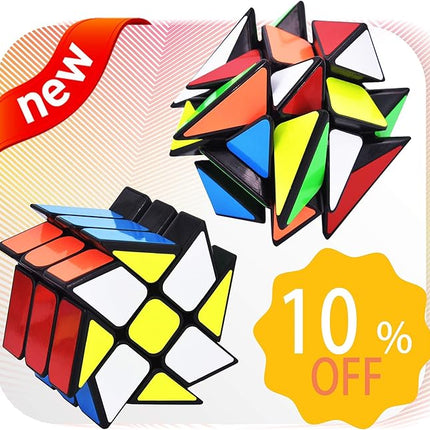 JoyTown Speed Cube Set of 2 Bundle Pack Windmill Cube Magic Puzzle, YJ Axis V2 New Version Fluctuation Angle Twisty Puzzle, Odd 3x3 Speedcubing with Bonus Stands Black