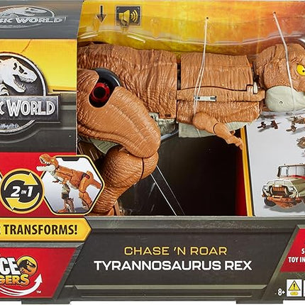 Mattel Jurassic World Fierce Changers 2-in-1 Dinosaur Figure, Chase 'n Roar Toy Transforms from T Rex Dinosaur to Truck in 28 Steps