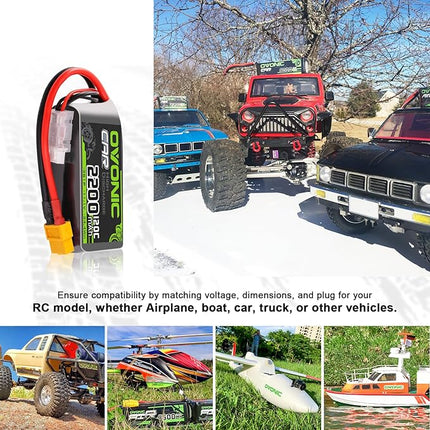 OVONIC 3S Short LiPo Battery 11.1V 2200mAh 120C with XT60 Plug for RC Car RC Truck Airplane Helicopter Boat Car Racing RC Hobby [2 Packs][77" D x 34" W x 26" H mm](with Lipo Voltage Checker)