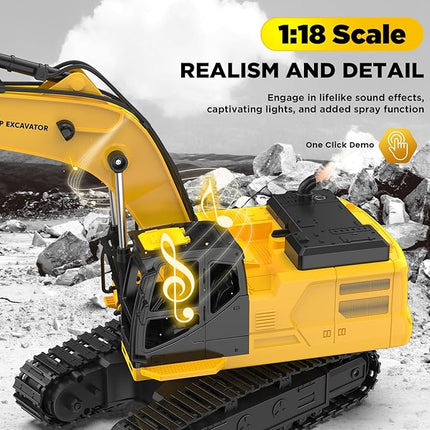 1:18 Remote Control Excavator Construction Toys for Boys, [2025 Upgraded] 2.4GHz RC Excavator Toy with Metal Shovel for Boys 6+ Kids Birthday, Dual Batteries/100+Mins/Spray/Sound/Light/11-Channel