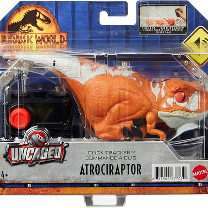 Mattel Jurassic World Dominion Uncaged Dinosaur Toy with Clicker-Controlled Motion & Sound, Click Tracker Atrociraptor Red Dino Action Figure