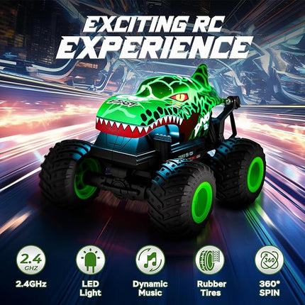Remote Control Monster Truck - Dinosaur Monster Truck Toys with Music and Light, 1:20 Scale RC Truck with 360° Spins, Remote Control Car for Boys 4-7 for Kids Christmas Birthday Gifts