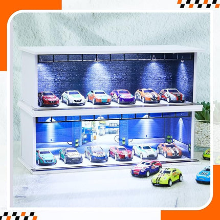 2 Pcs Display Case for Toy Car Garage with LED Light Stackable 1/64 Scale Diecast Toy Cars Garage for Maximum 58 Model Car Display and Storage(Depot)
