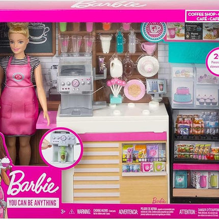 Barbie Coffee Shop with Doll and 20+ Realistic Play Pieces: Coffee Shop, Coffee-Smoothie Maker, Milk, Syrup, Snacks & More; for Ages 3 Years Old & Up - GMW03